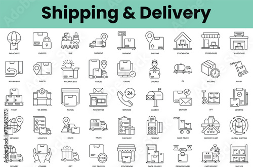 Set of shipping and delivery icons. Linear style icon bundle. Vector Illustration
