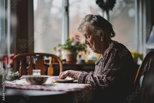 Woman sits at her table taking medication to manage her chronic disease. Senior woman following a strict treatment regimen to maintain her health, taking measures to keep her condition under control. photo