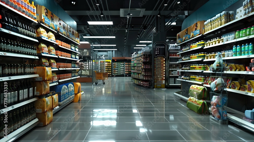 Interior view of a modern grocery store and customer, blurred background with bokeh light. AI generated illustration