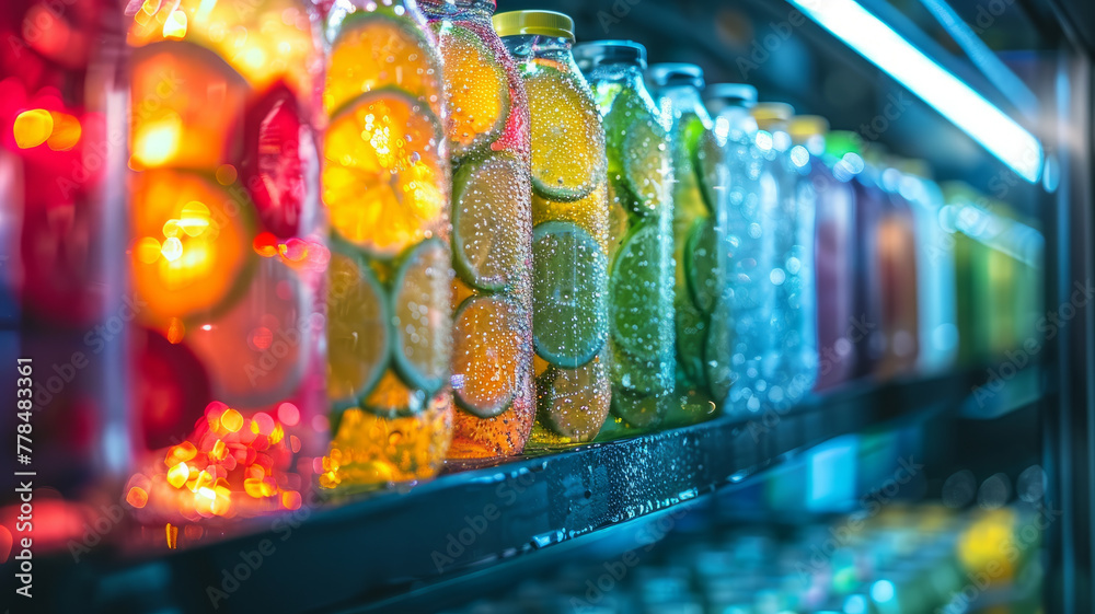 Bottled beverages in a vending machine. Bottled beverages in a vending machine.