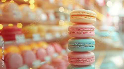 Stack of colorful macarons with bokeh background