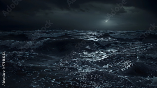 A dark stormy sea with waves under a night sky in high resolution photography © PixelStock