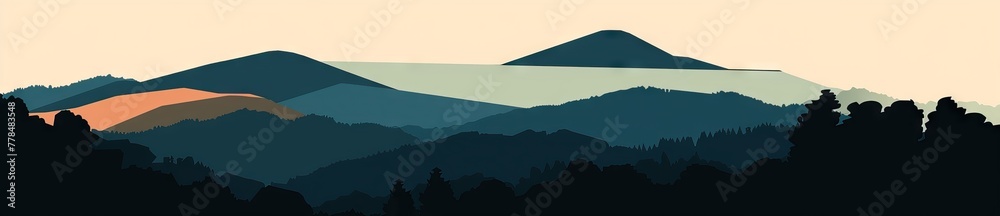 Creative minimalist hand painted illustrations of Mid century modern. Natural abstract landscape background. mountain, forest, sea, sky, sun and river. AI generated illustration