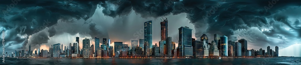 panoramic photo of an ominous city skyline, dark storm clouds overhead, skyscrapers towering over the urban landscape. AI generated illustration