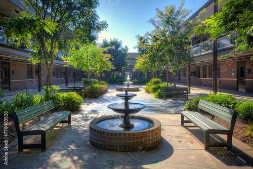 An outdoor school courtyard with benches, a fountain, and greenery, providing a serene environment for breaks and outdoor learning.