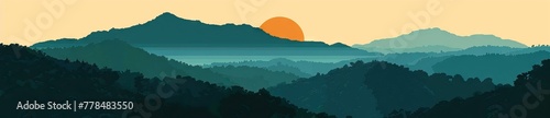 Creative minimalist hand painted illustrations of Mid century modern. Natural abstract landscape background. mountain  forest  sea  sky  sun and river. AI generated illustration