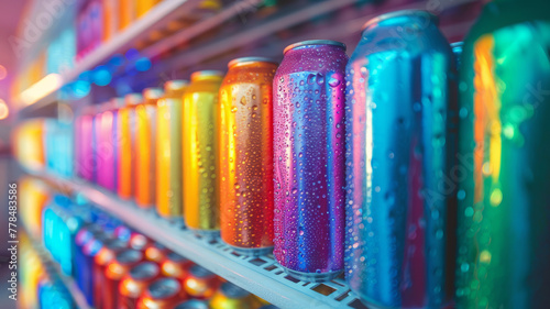 Colorful canned drinks on a store shelf photo