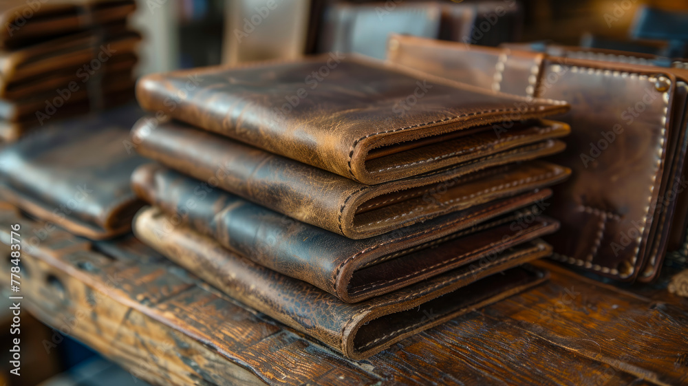 Stacks of leather wallets on a wooden surface. Stacks of leather wallets on a wooden surface.