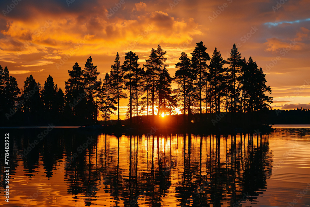 Fototapeta premium Sunset silhouetting pine trees on a tranquil lake