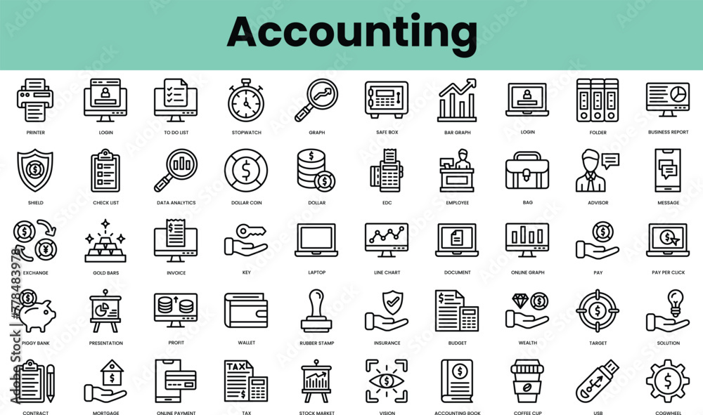 Set of accounting icons. Linear style icon bundle. Vector Illustration