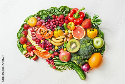 Healthy brain made of fresh fruits and vegetables  concept of nutritious diet for cognitive function  creative food art