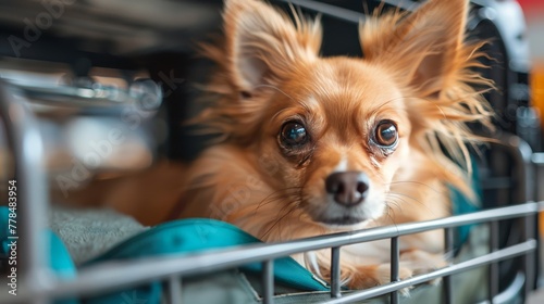 Small Brown Dog Sitting Inside Cage