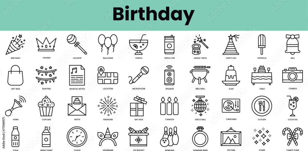 Set of birthday icons. Linear style icon bundle. Vector Illustration