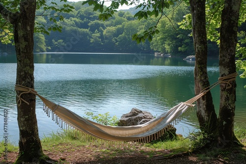 Hammock Hanging Between Two Trees by Lake