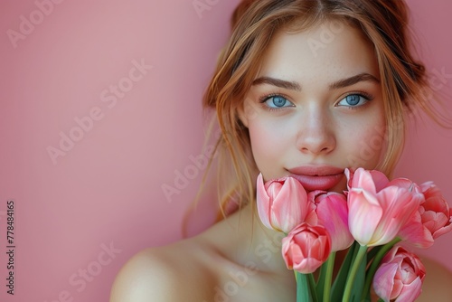 Beautiful Young Woman Holding Bouquet of Pink Tulips