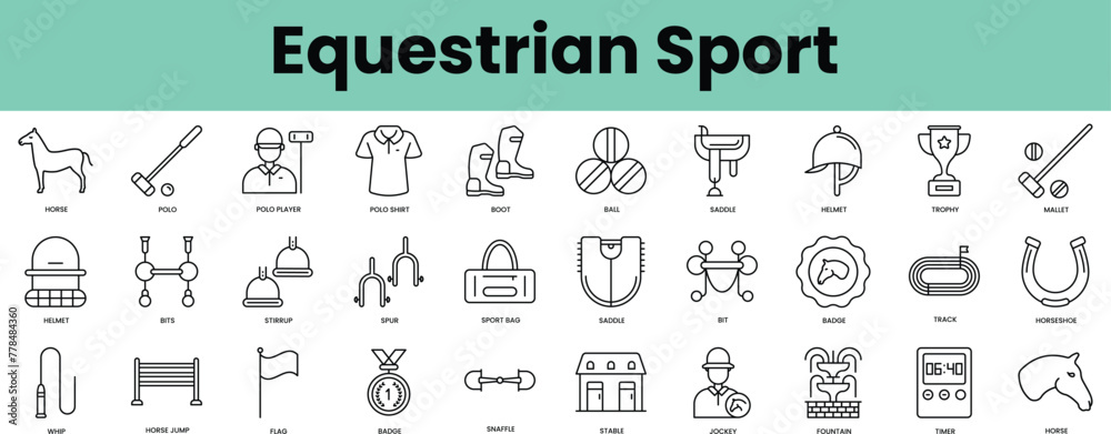 Set of equestrian sport icons. Linear style icon bundle. Vector Illustration