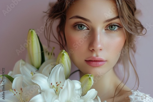 Woman Holding a Bunch of White Flowers