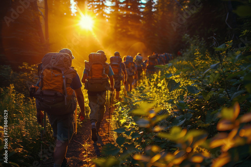 Group of People Hiking up a Trail