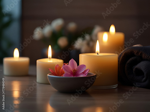 Banner spa stones in garden with candles and flowers for massage spa treatment  aroma  healthy wellness relax calm luxurious atmosphere with pampering and well-being healthy skin practices 