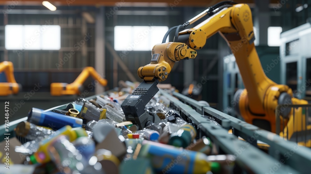 An industrial robotic arm sorts through a conveyor belt of mixed recyclables in a modern waste management facility..