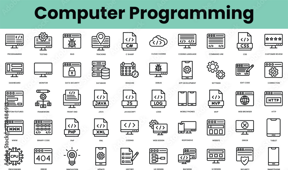 Set of computer programming icons. Linear style icon bundle. Vector Illustration