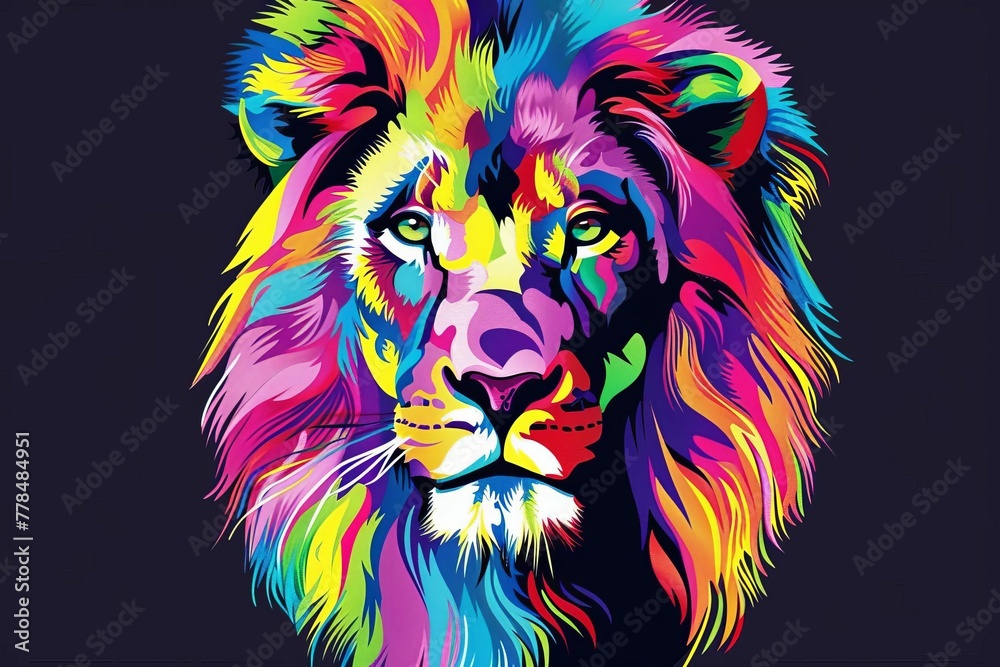  Trendy t-shirt design with colorful geometric lion portrait, vibrant animal art for fashion apparel print