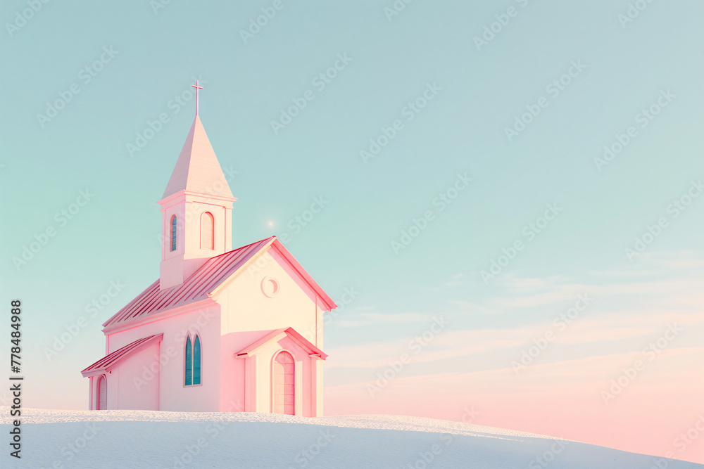 Pink church under a clear sky on a snowy hill at dusk
