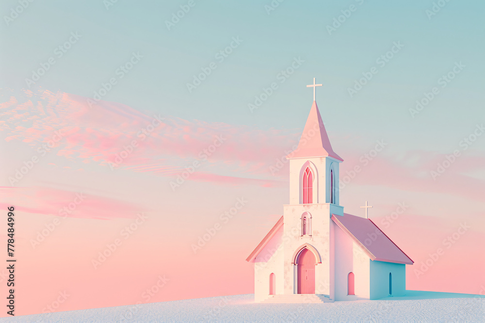 Pink and blue pastel church against a sunset sky