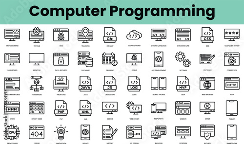 Set of computer programming icons. Linear style icon bundle. Vector Illustration