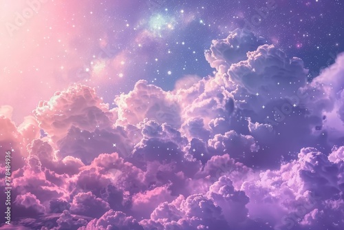 Shimmering starlight and ethereal clouds in pink and purple hues, celestial fantasy background, digital illustration