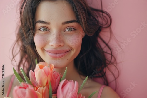 Beautiful Young Woman Holding Bouquet of Pink Tulips