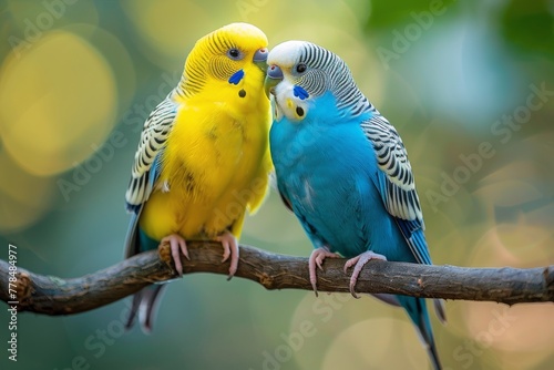Two Parakeets Perched on a Branch in a Tree