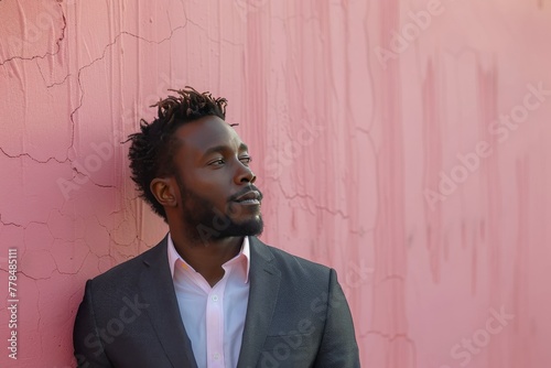Man in Suit Leaning Against Pink Wall