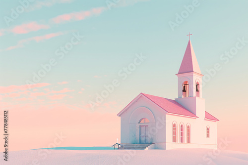 Pastel-colored church in a snowy landscape at dusk