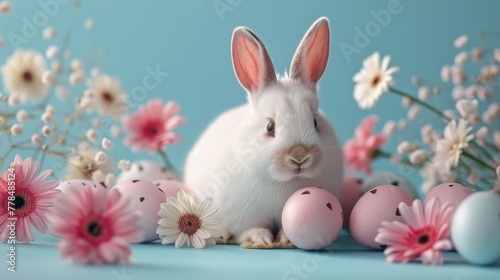 Rabbit Sitting Next to Eggs and Flowers