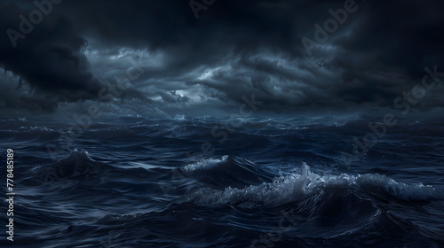 A dark stormy sea with waves under a night sky in high resolution photography