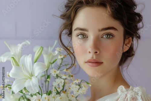 Woman Holding a Bouquet of White Flowers