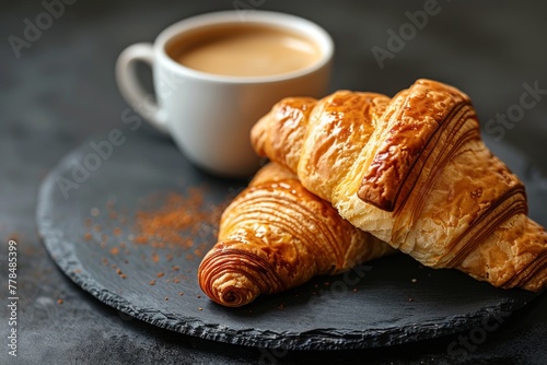 Croissant on Plate Next to Coffee Cup