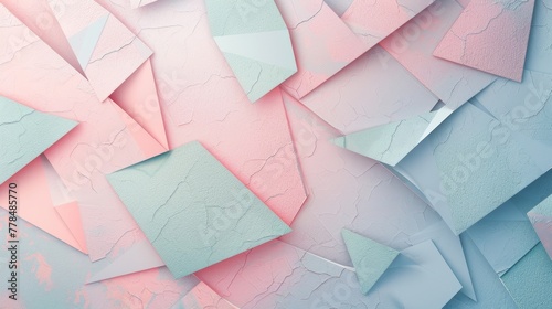A textured background made of overlapping geometric shapes in pastel tones.