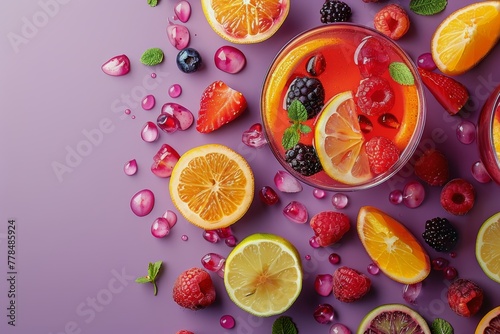 Assorted Fruits and Berries on a Purple Background