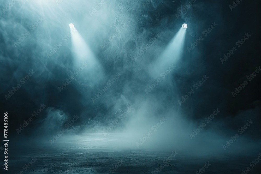 Spot light interior. Realistic directed light streams, illuminated fog, theatre scene or concert club searchlights beams, cold temperature rays. AI generated illustration