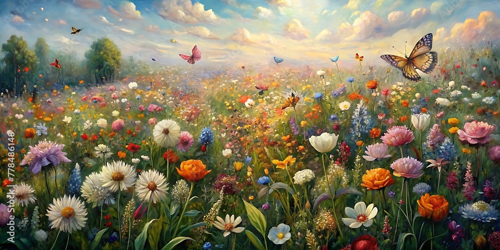 Beautiful Spring Flowers In Field Oil Painting, Spring Flowers Landscape