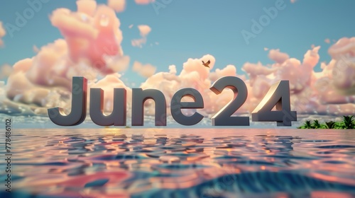 3D text 'June 24' reflected in water with sunset clouds. Romantic date concept. Design for greeting card, special occasion announcement photo