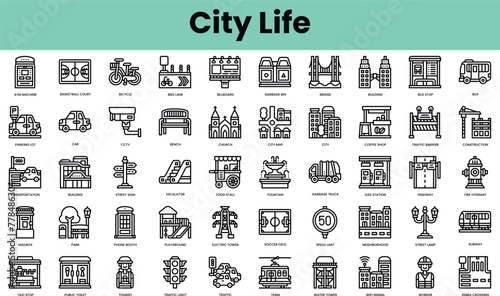 Set of city life icons. Linear style icon bundle. Vector Illustration