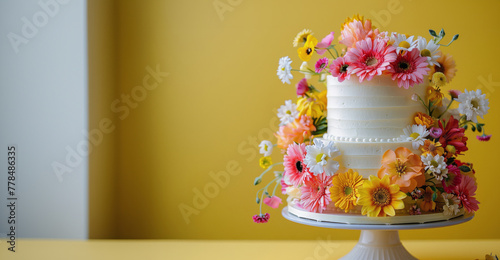 Multi-Tiered Cake Decorated With Flowers on Yellow Background