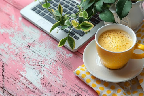 Coffee Cup and Laptop on Saucer