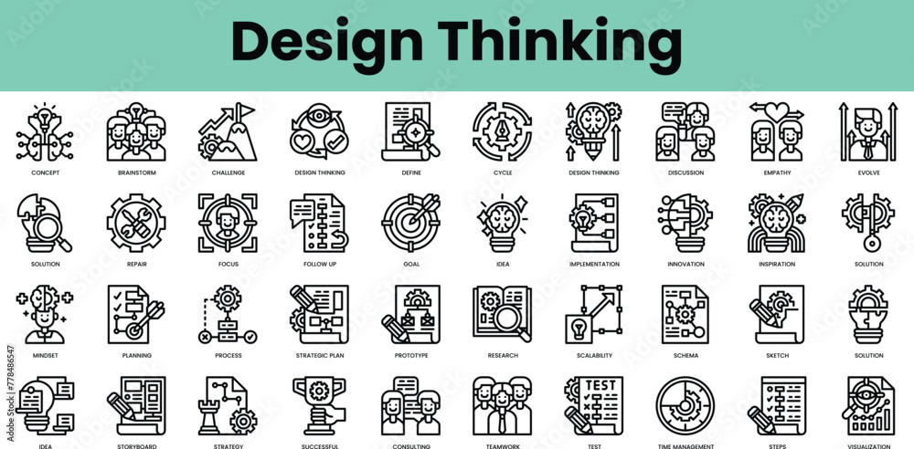Set of design thinking icons. Linear style icon bundle. Vector Illustration