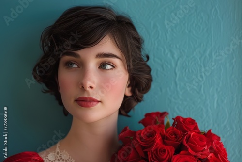 Woman Holding Bouquet of Red Roses