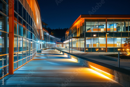 A night view of a high-tech school with glowing  energy-efficient lighting  highlighting modern architecture and design.