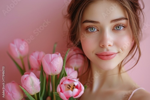 Woman Holding a Bouquet of Pink Flowers